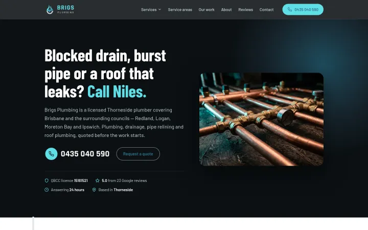 Brigs Plumbing homepage &mdash; built and managed by Elite Dev